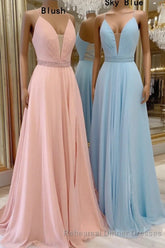 A-line V Neck Sleeveless Chiffon Sweep Train Semi Formal Prom Dress With Beading Pleated